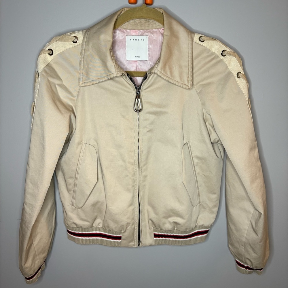 Sandro Cream Bomber Jacket with Red Accents - Picture 3 of 12